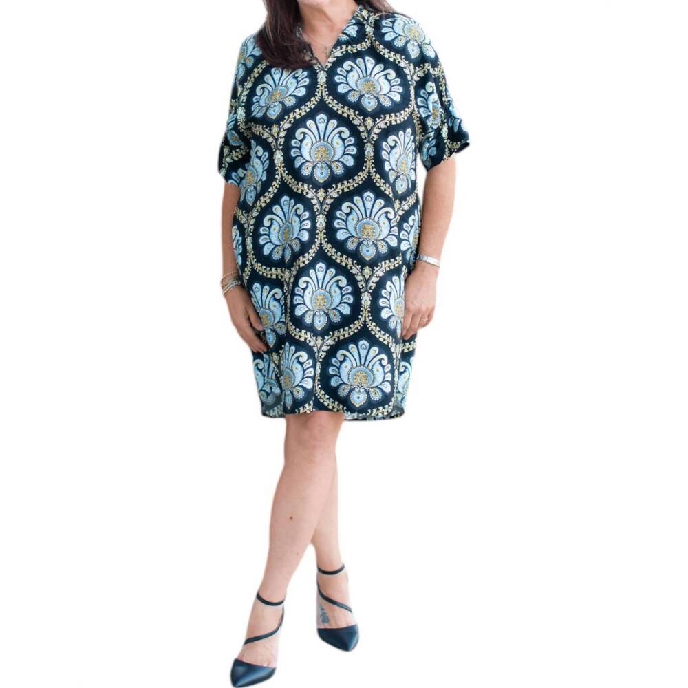NEW ISLE print ruffle v-neck dress in multi-colored